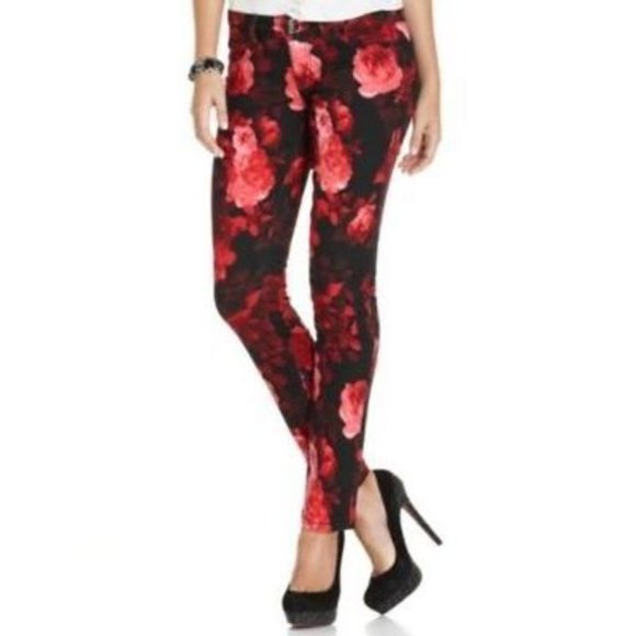 SEVEN7 Jeans REGULAR Floral SKINNY Slim RED FLORAL Pants FAUX Front POCKETS 2 - Picture 1 of 3